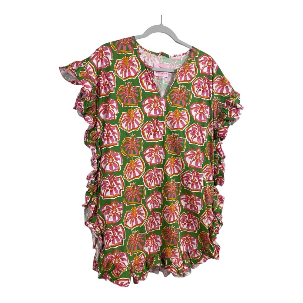 Quiet Culture Floral Ruffle Womens XS S Green Pink Cotton V Neck Boho Dress